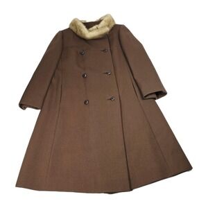 Kaufman Bros. Stegari Original Mink Fur Collar Wool Long Swing Bown Coat‎ Jacket